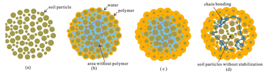 Polymer Soil Stabilization network showing a) soil particle b) with